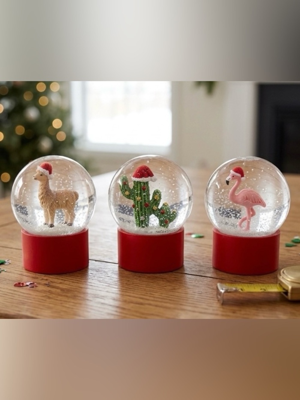 NIB Set Of 3 Mini Christmas Snow Globes Llama Cactus Flamingo Desert Decor Red
